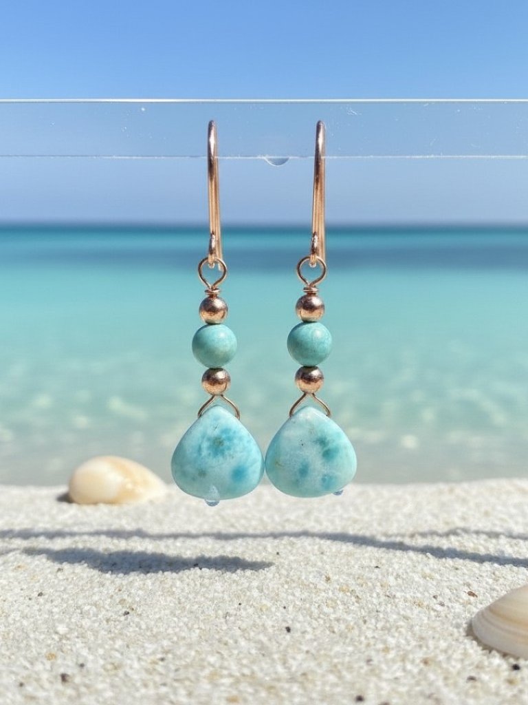 Natural Larimar Earrings In 14k Rose Gold Filled, Carribean Blue For Brides